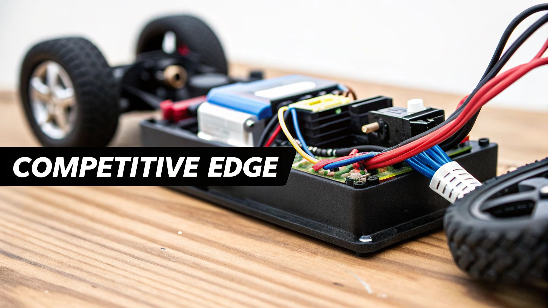 Close-up of an RC car's chassis showing exposed electronic speed controller and wiring.