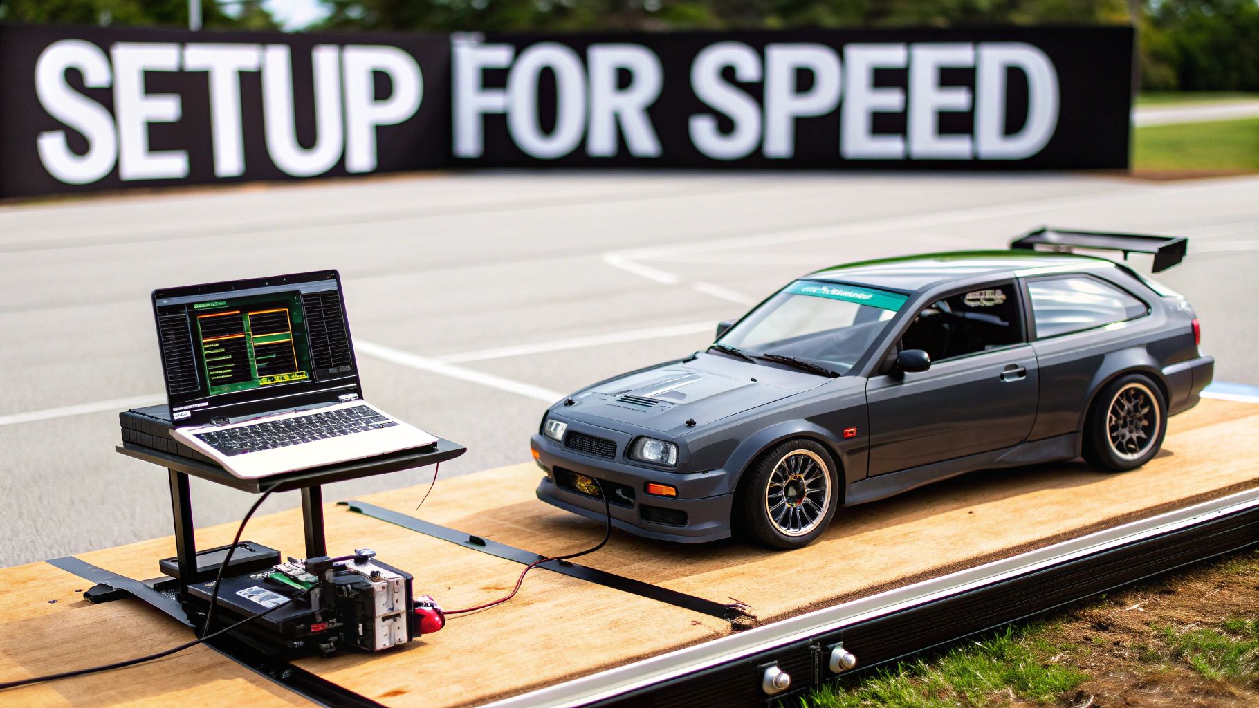 A grey RC car with tuning equipment, a laptop, and a 'SETUP FOR SPEED' banner.