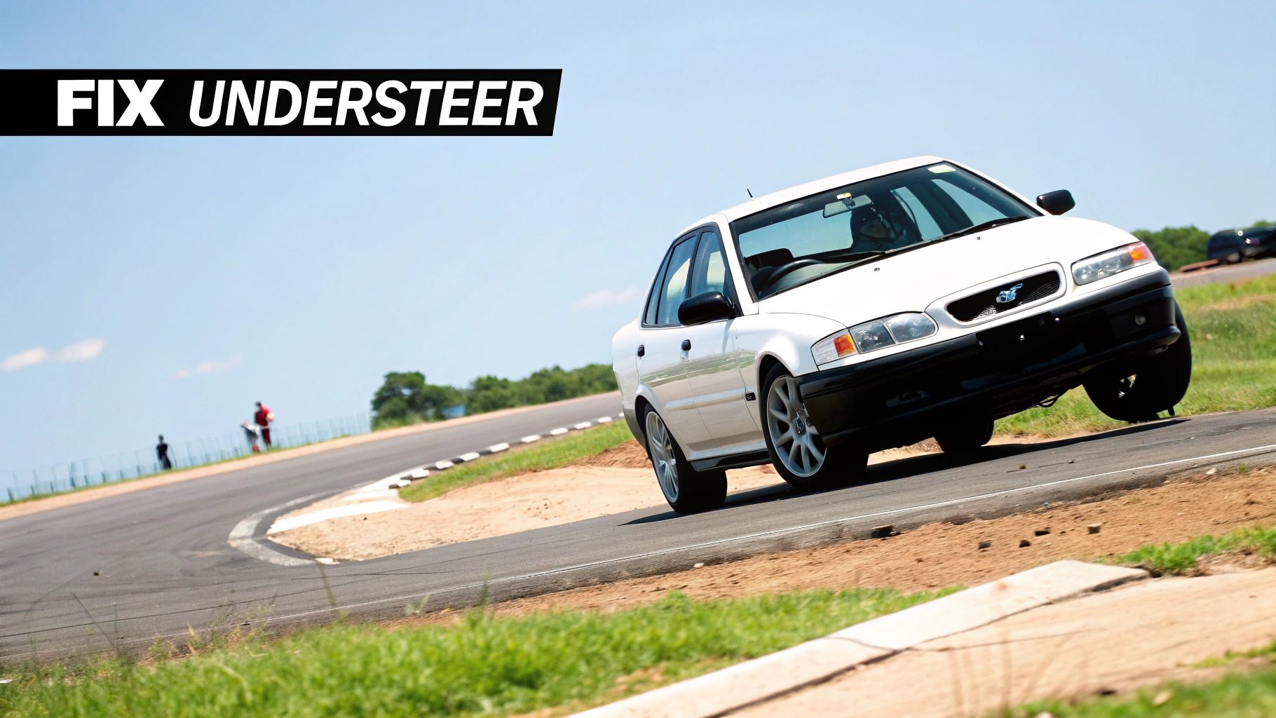 White sedan car cornering aggressively on a race track, front wheel lifted, with 'FIX UNDERSTEER' text.