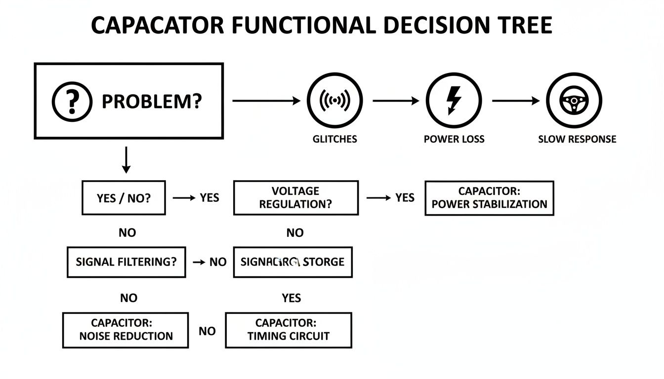 A decision tree flowchart illustrating capacitor functions for power stabilization, noise reduction, and timing circuits.