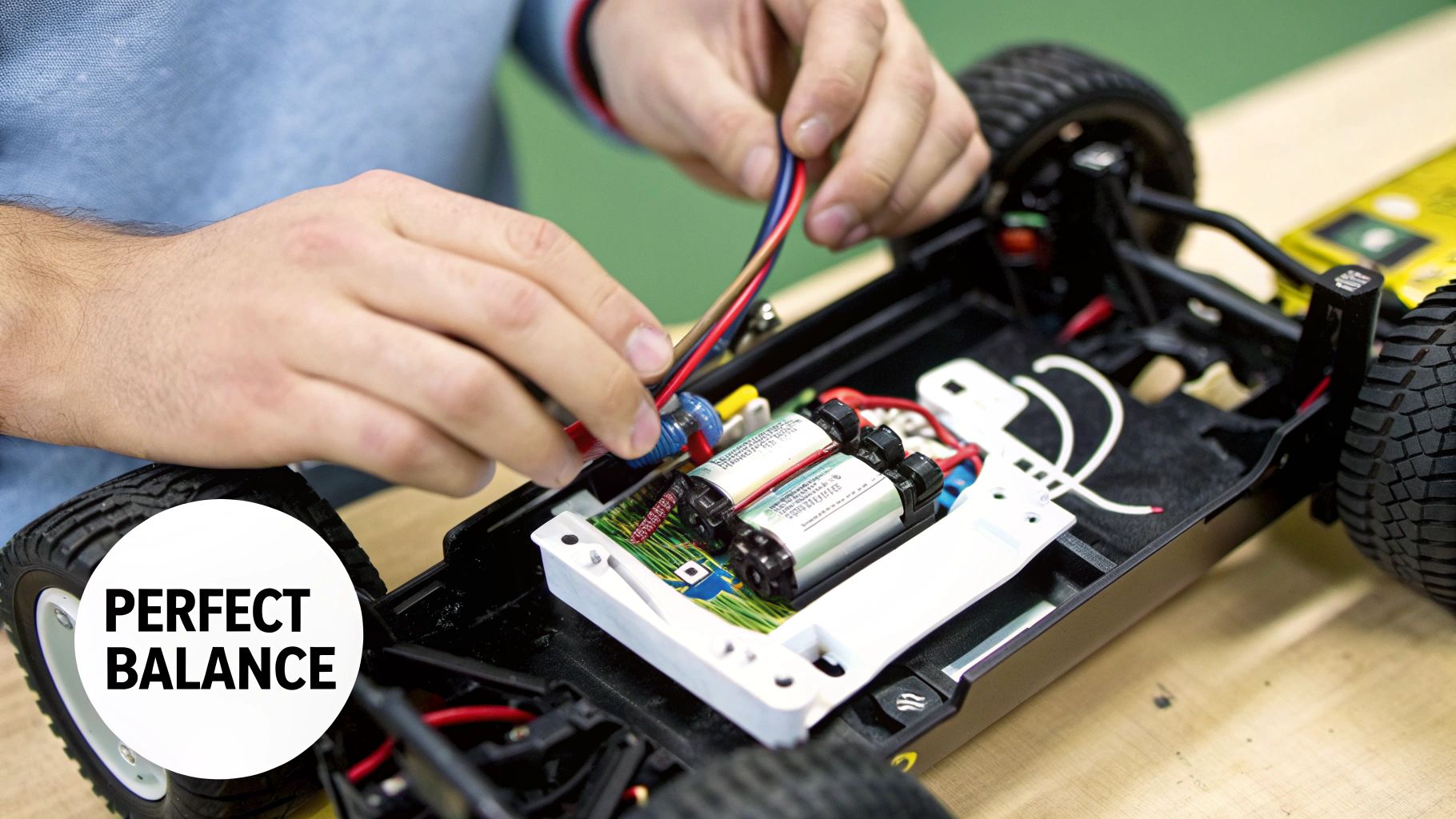 Close-up of hands connecting wires to a circuit board and batteries inside an RC car.