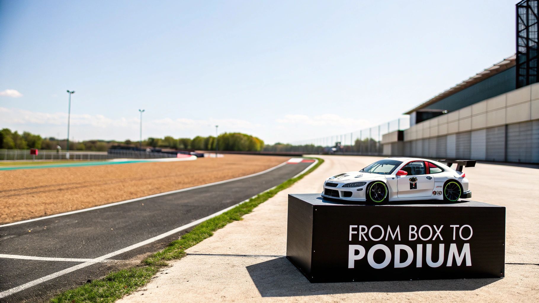 A white RC race car model on a black podium with 'FROM BOX TO PODIUM' at a sunny race track.