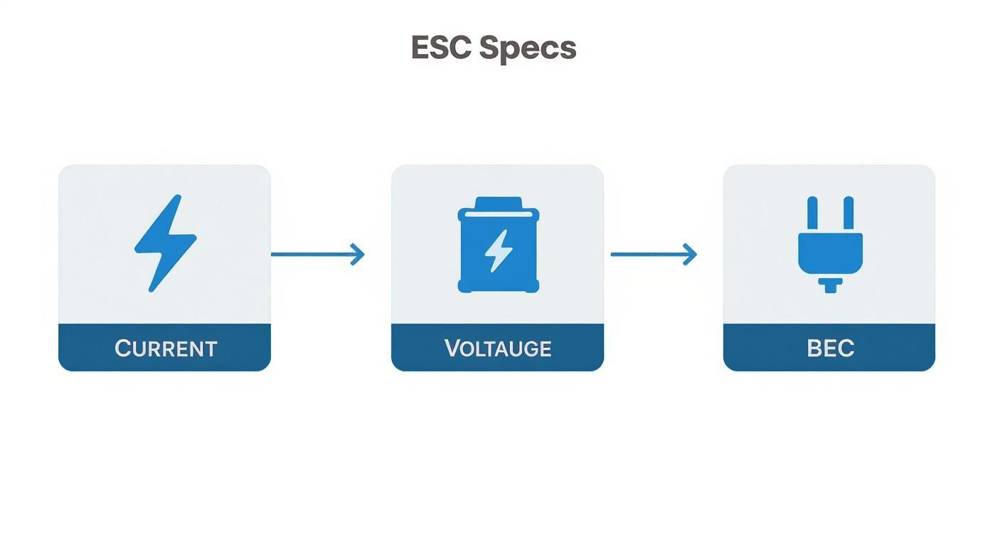 Diagram illustrating ESC specifications, including current, voltage represented by a battery, and BEC with an electrical plug icon.