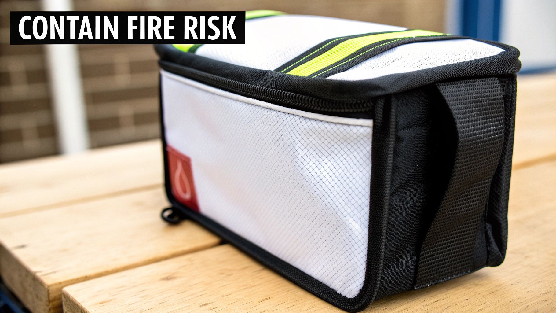 A close-up of a white and black fire-resistant bag for containing fire risk, on wood.