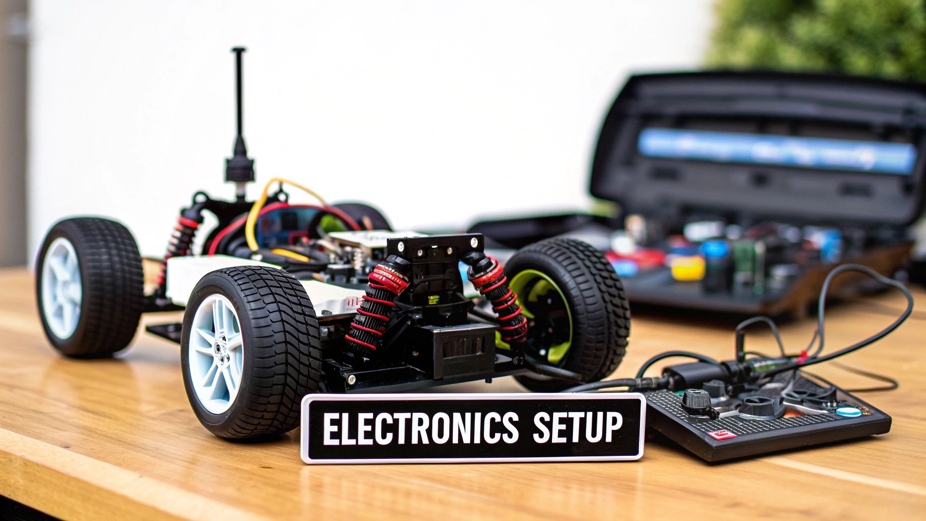 An RC car on a wooden table next to a control panel, with a sign reading 'ELECTRONICS SETUP'.