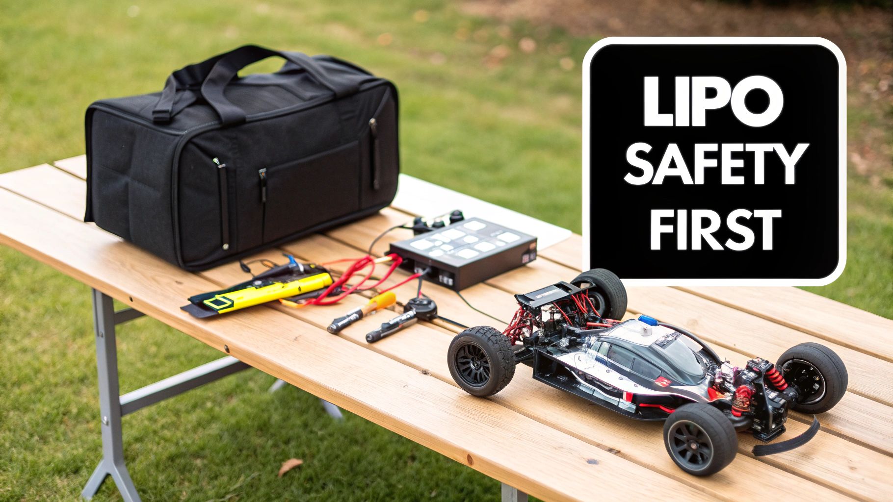 RC car setup with a charger, tools, and a black bag on a wooden table, emphasizing LIPO SAFETY FIRST.