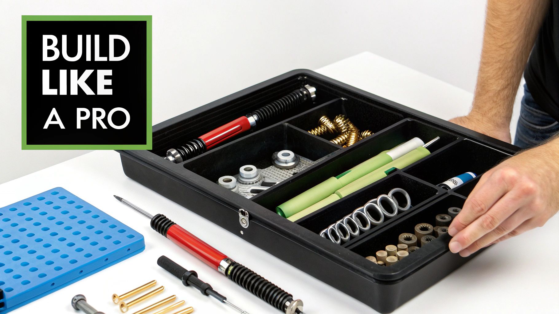 A person organizes various small components and tools in a segmented black tray.