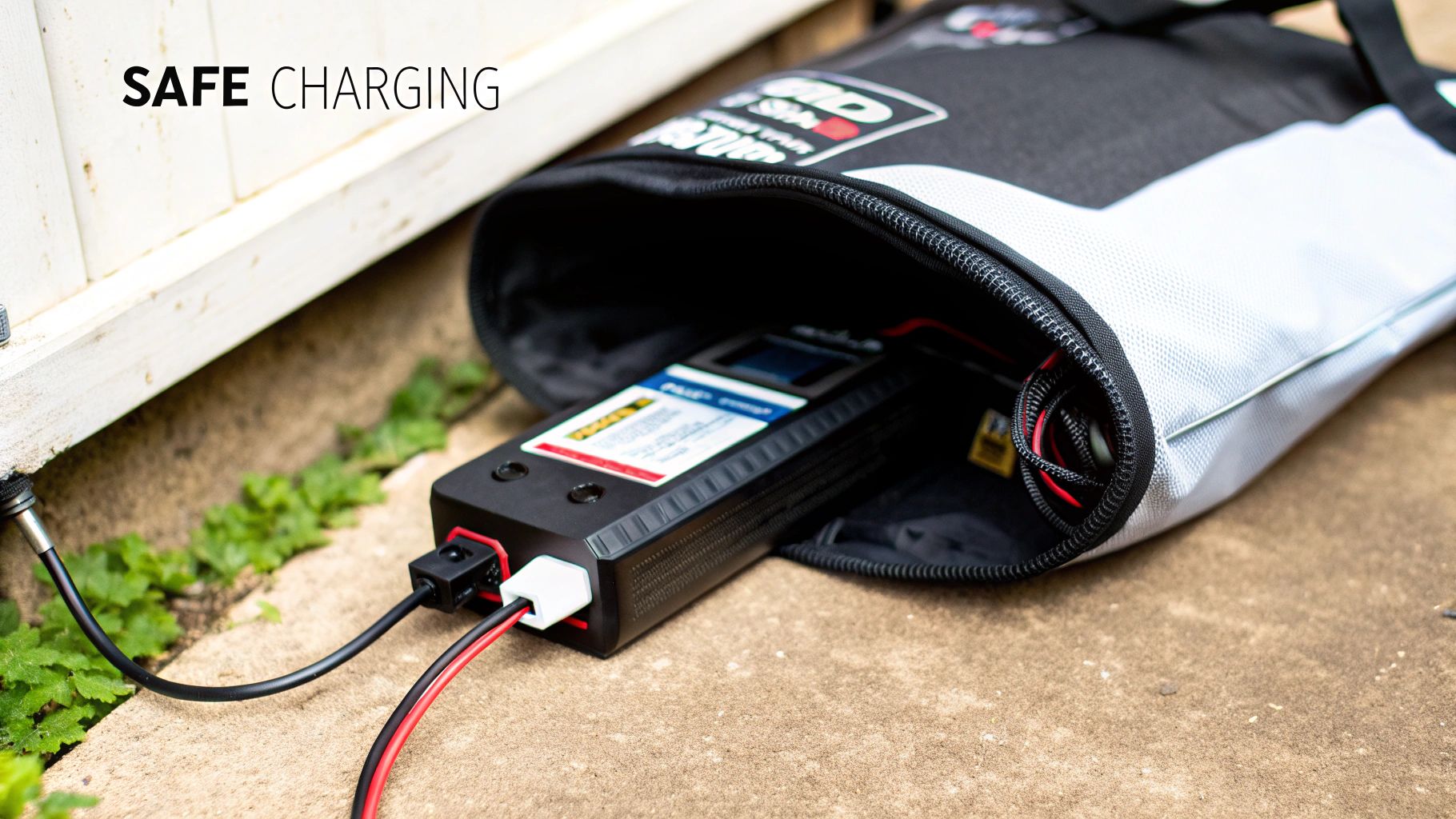 Battery charger inside a protective bag, connected for safe outdoor charging.