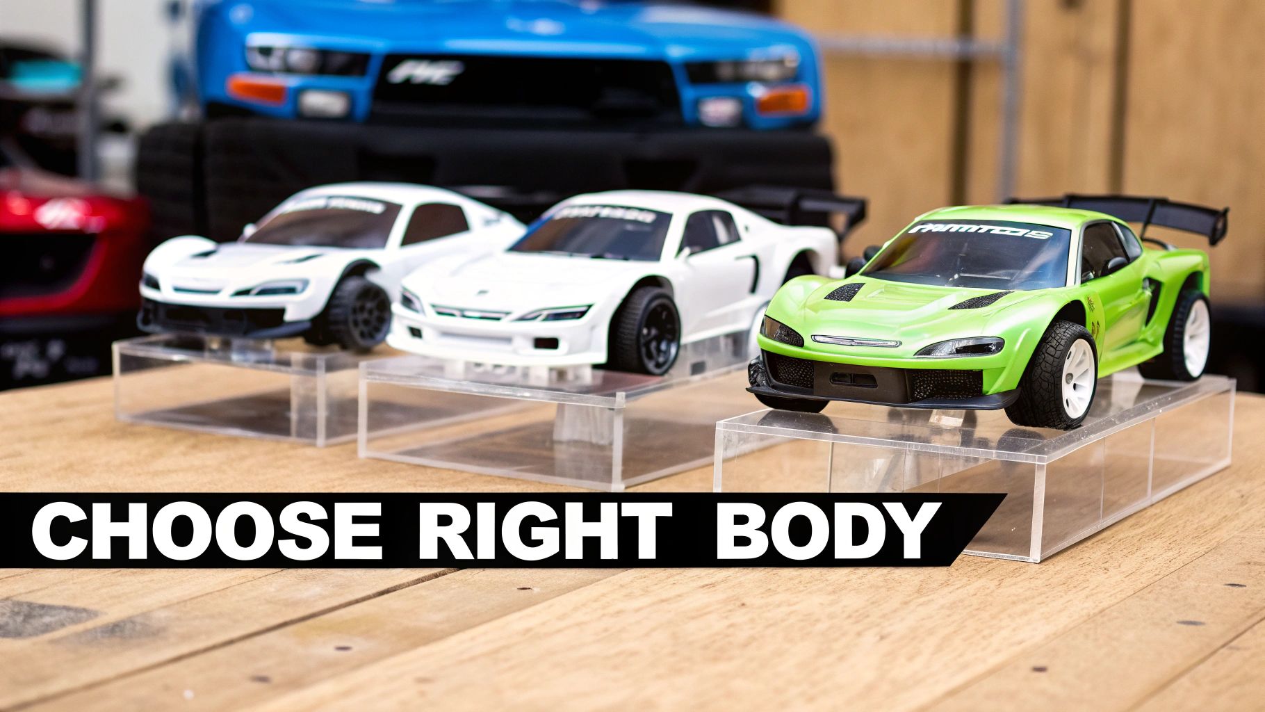 Three different RC car bodies, two white and one green, displayed on clear stands on a wooden table.