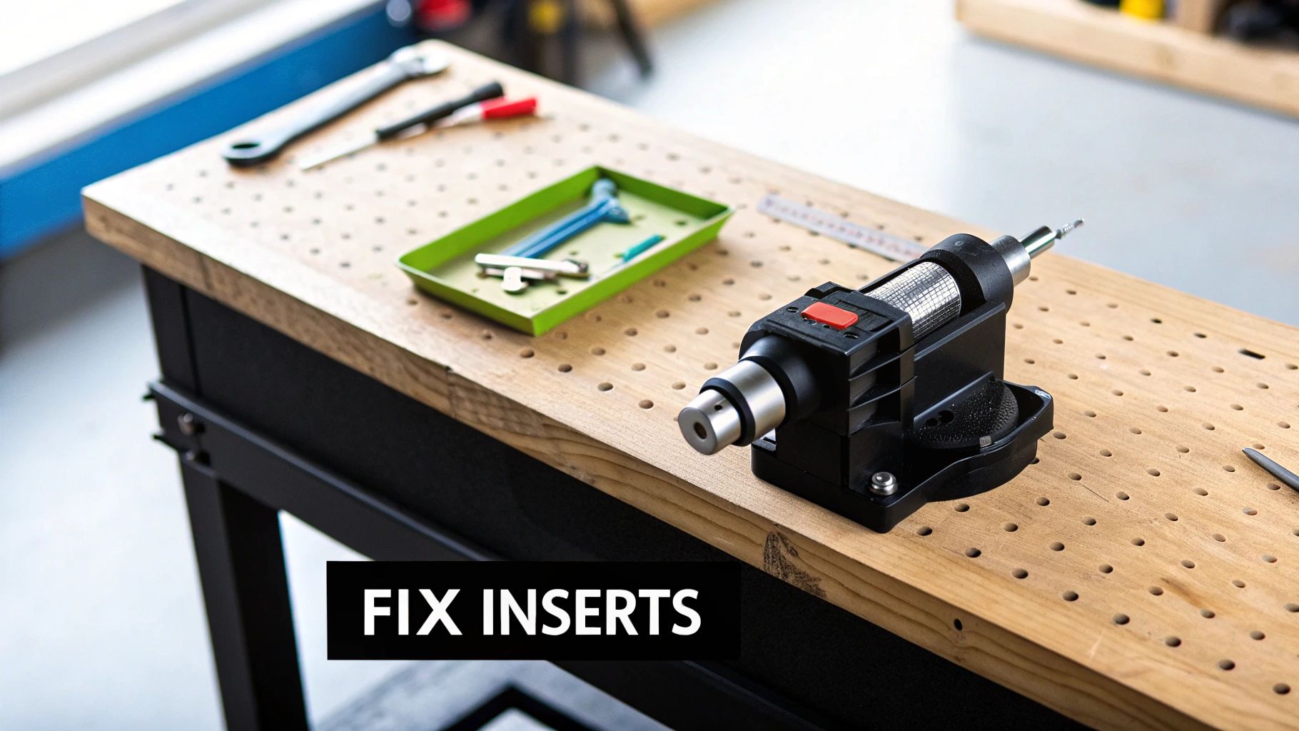 A workshop workbench with a rotary tool, small hand tools in a green tray, and other tools.