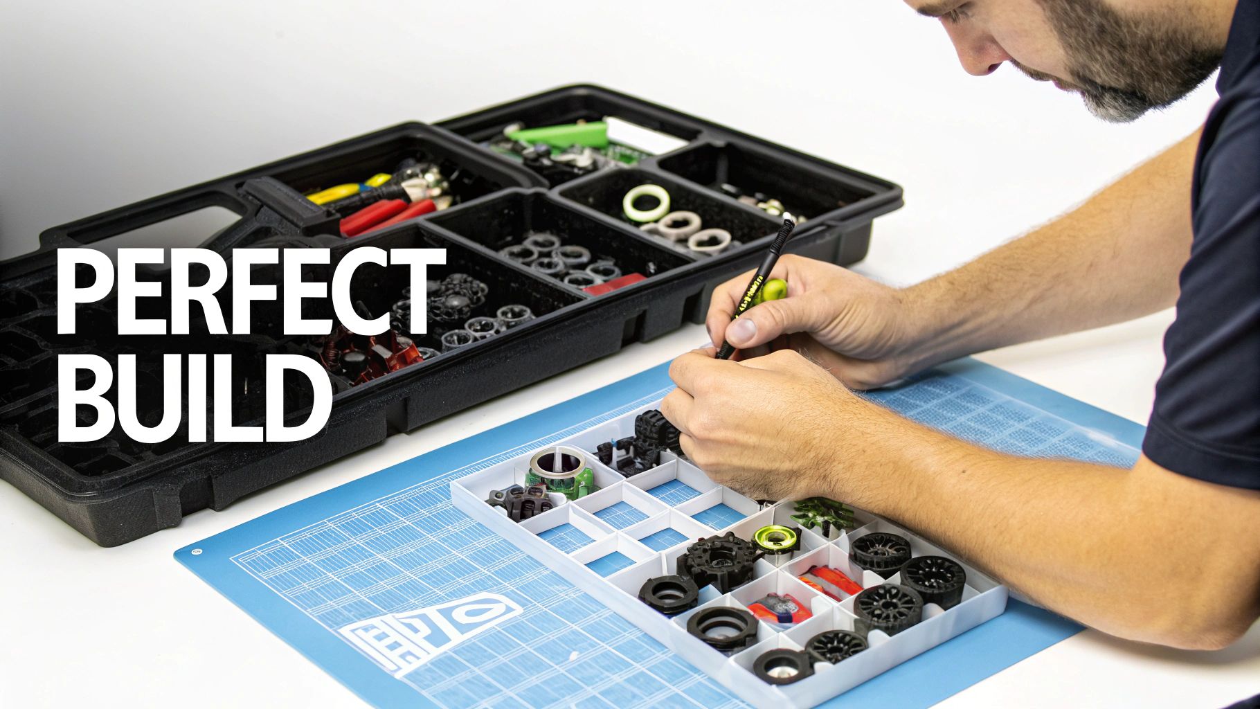 A man focused on meticulously assembling small parts, organized in trays, for a perfect RC car build.