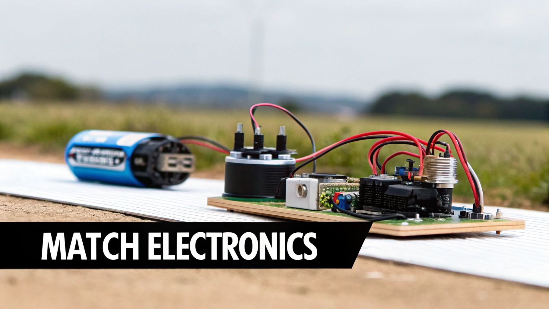 Close-up of electronic components, wires, and a blue battery on a circuit board outdoors.