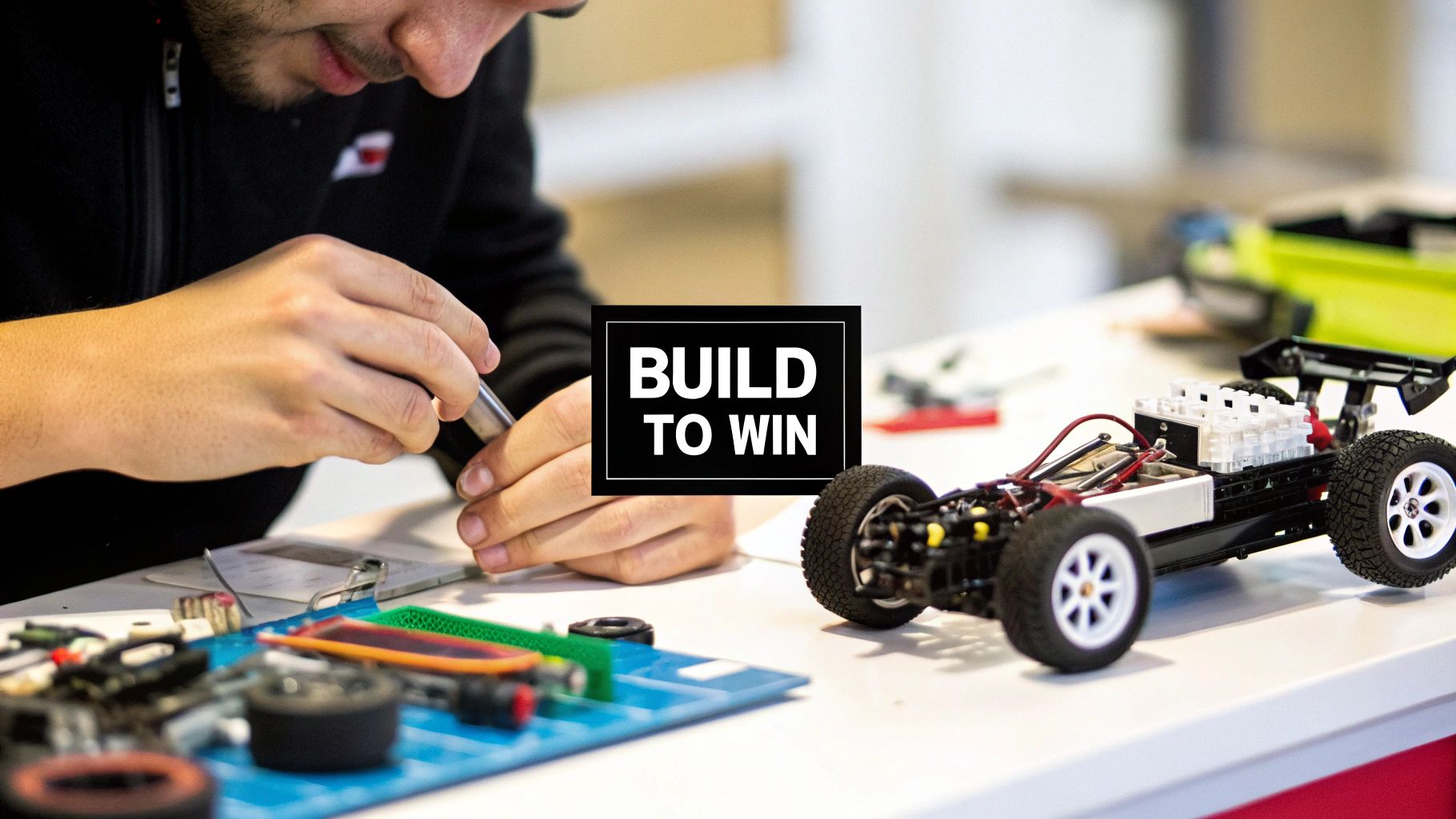 A person intently assembling a small, black remote control car with tools on a white table.