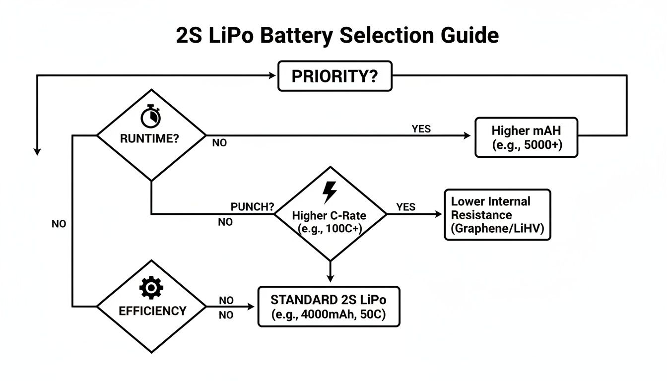 Flowchart illustrating a 2S LiPo battery selection guide based on priorities like runtime, punch, and efficiency.
