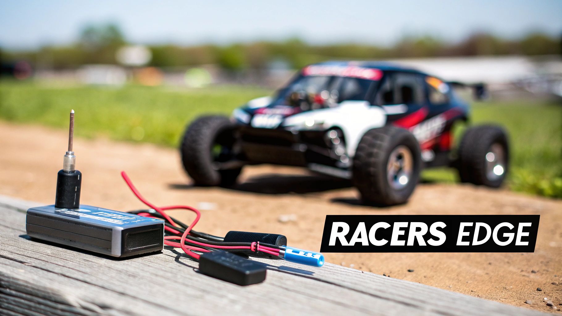 A remote control car sits on a dirt track with a LiPo battery charger on a wooden bench.