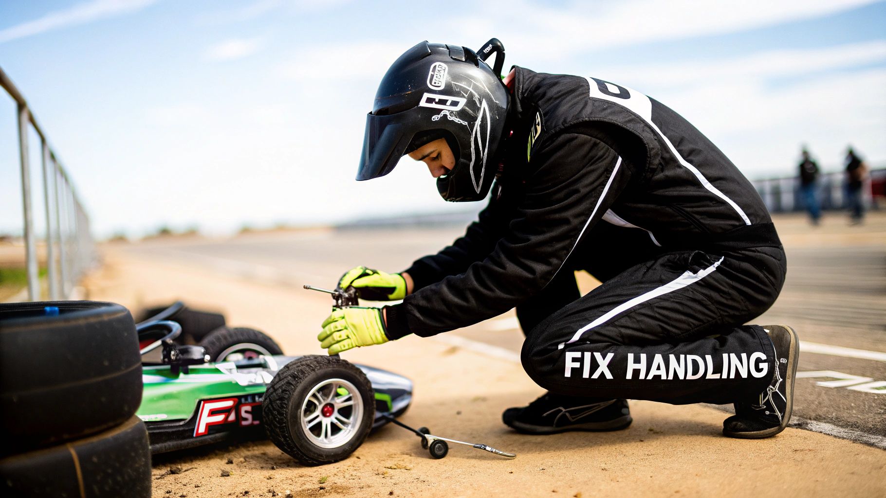 A racer in a black suit and helmet adjusts the front wheel of a green RC car on a dirt track.