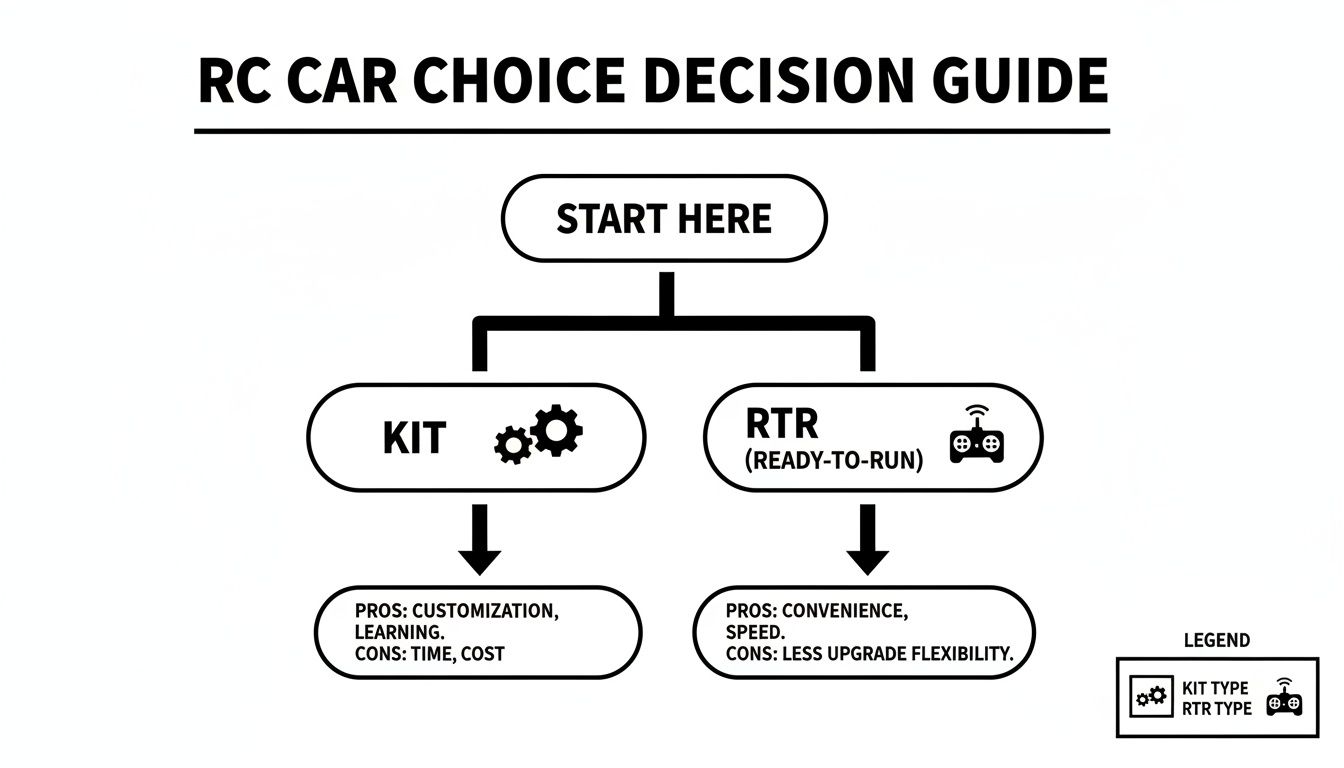 A flowchart decision guide for RC car types, comparing KIT (customization, learning) and RTR (convenience, speed) options with pros and cons.