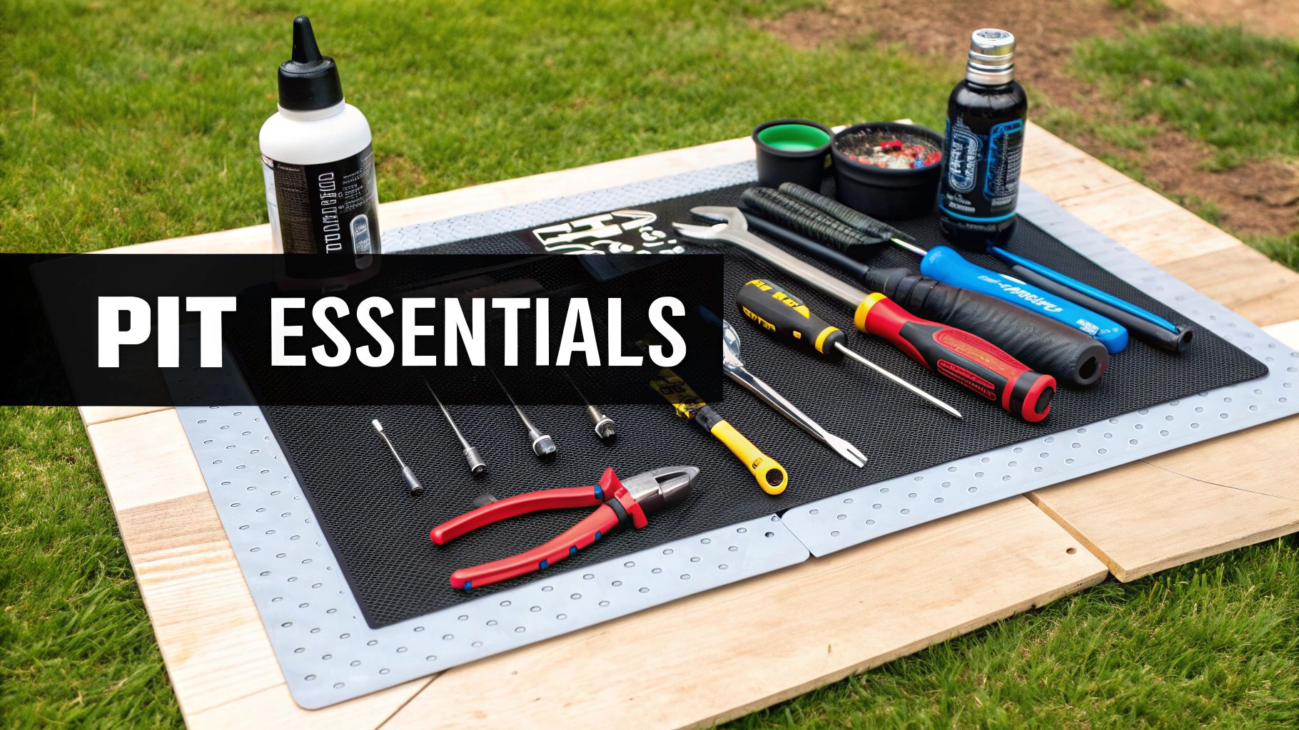 A collection of RC car pit essential tools and fluids laid out on a black mat.
