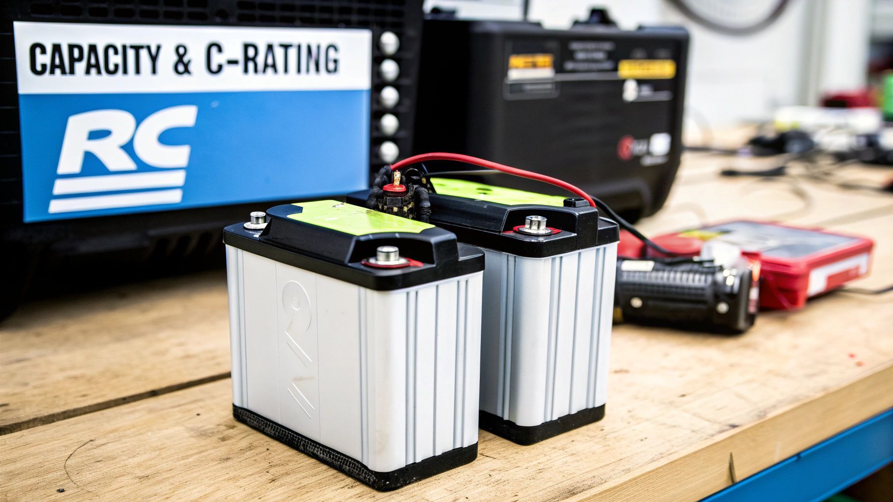 Two industrial batteries connected by a red wire, with a 'CAPACITY & C-RATING' sign in the background.