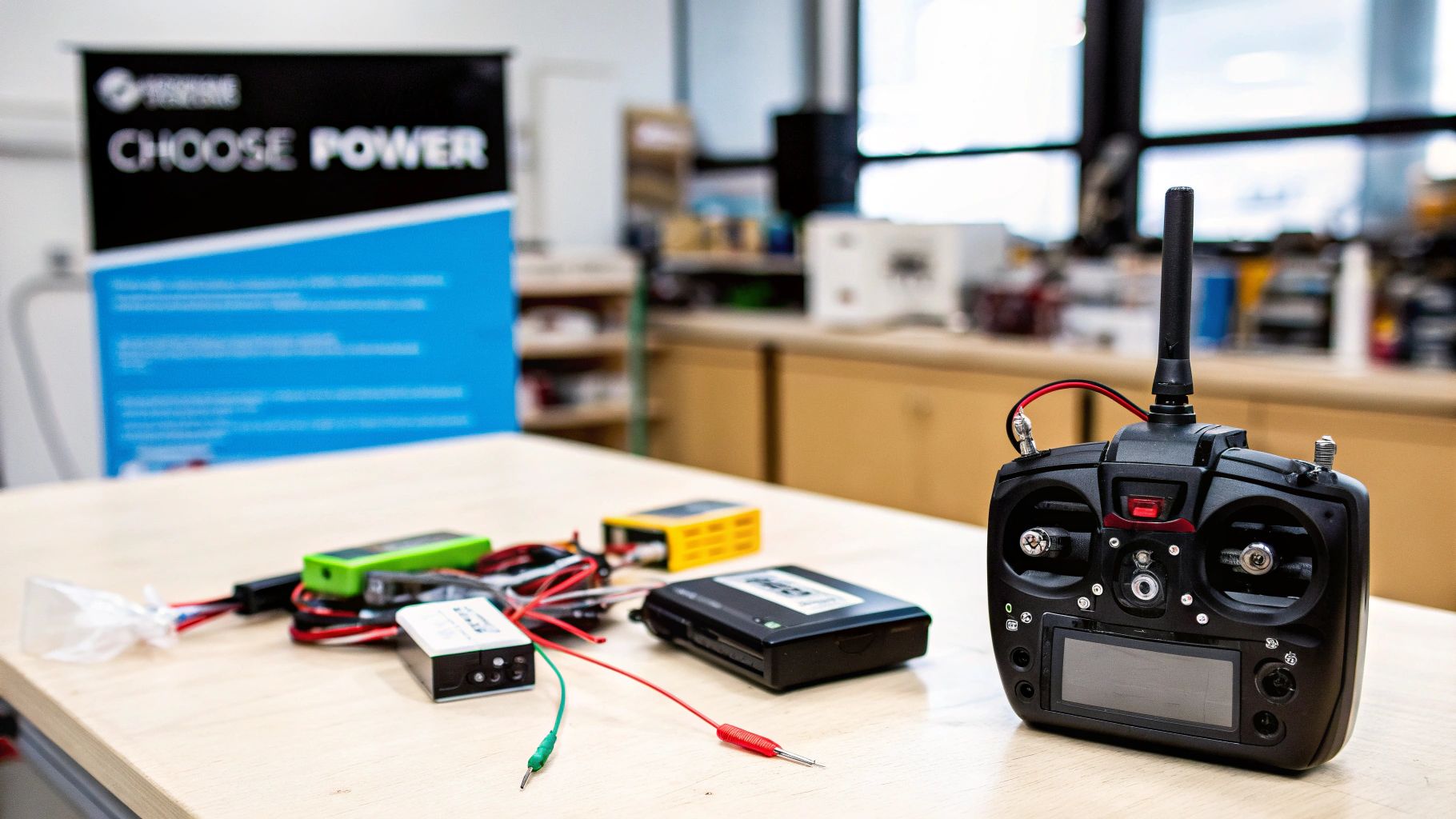A black radio remote control, various electronic components, and wires sit on a wooden table.
