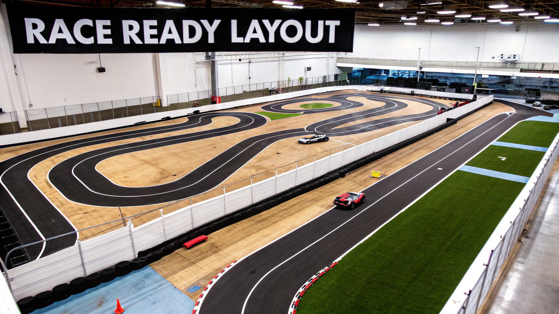 An aerial view of a large indoor RC car race track with multiple cars on its winding course.