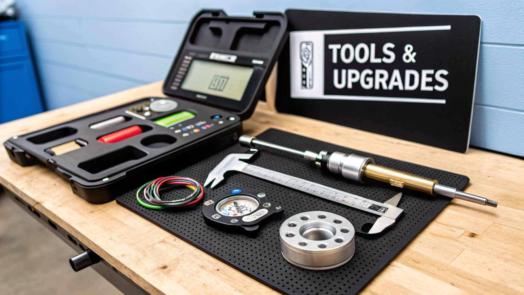 Close-up of various precision tools, measuring devices, and a digital controller on a wooden workbench.