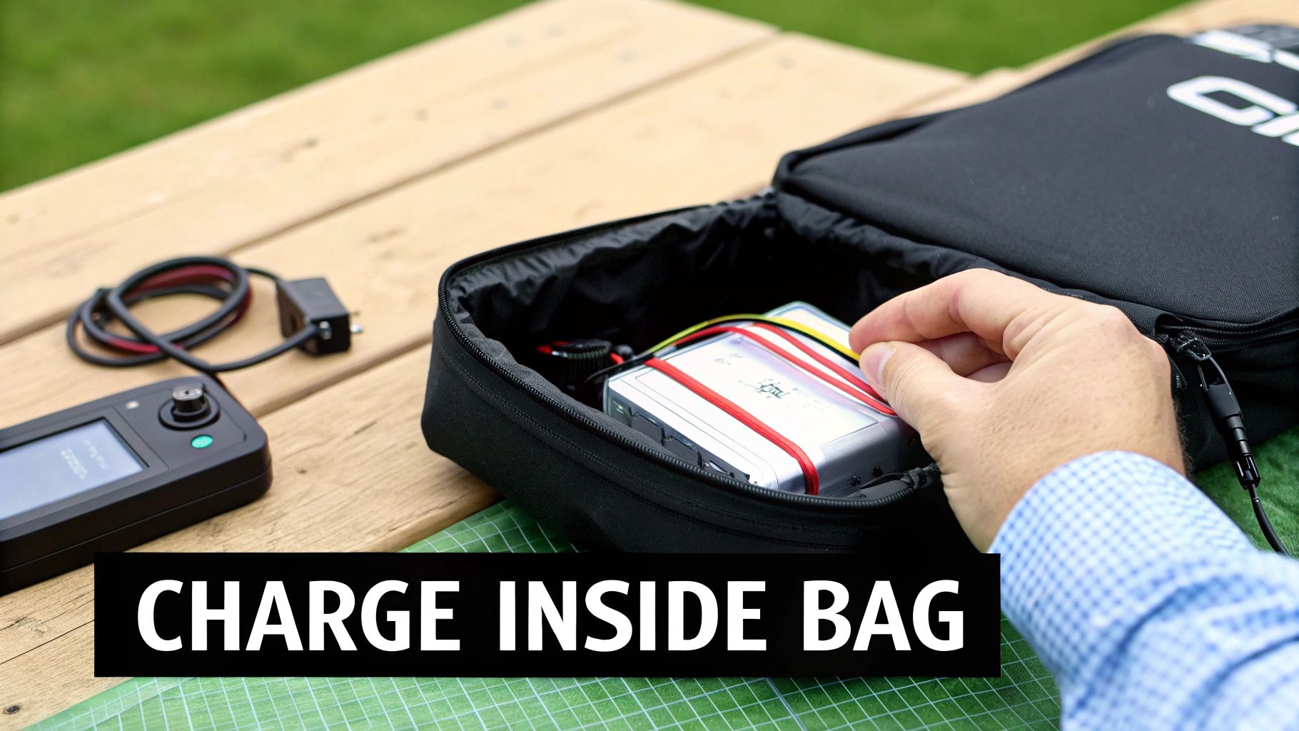 A hand adjusts a silver device with red bands inside a black charging bag on a wooden table.