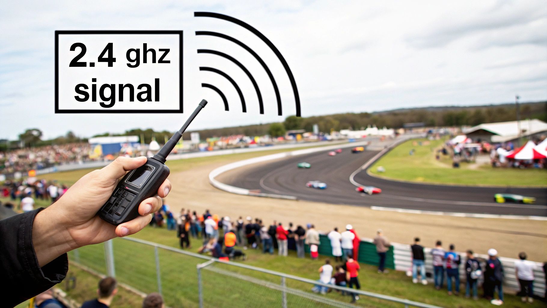 A hand holds a walkie-talkie transmitting a 2.4 GHz signal at a busy race track.
