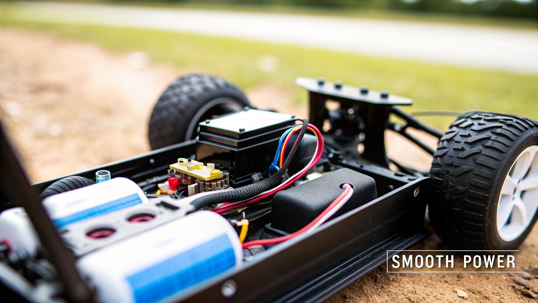 Close-up of an RC car's internal components, featuring batteries, colorful wires, and electronic modules on dirt.