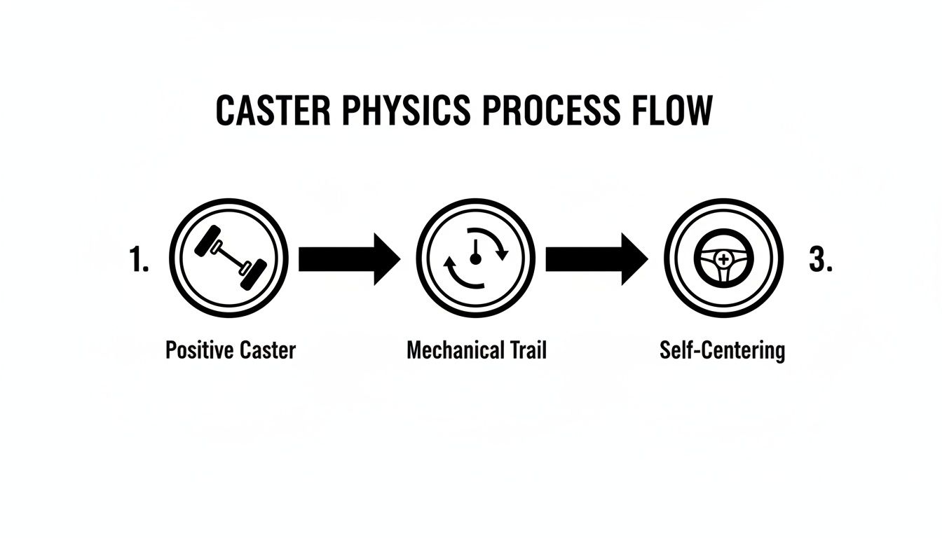 A diagram illustrating the Caster Physics Process Flow: Positive Caster, Mechanical Trail, and Self-Centering.