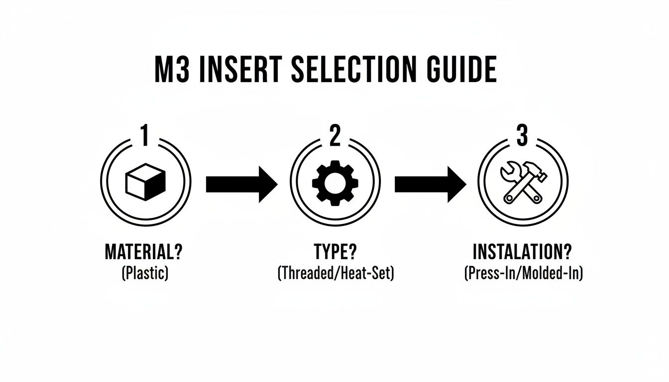 M3 insert selection guide outlining steps for material, type (threaded/heat-set), and installation (press-in/molded-in).