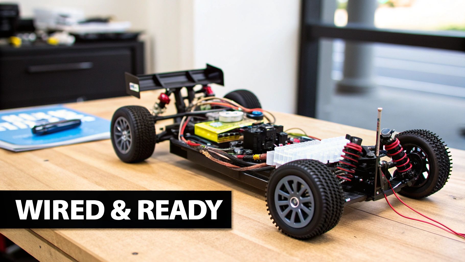A remote control car kit with exposed electronics on a wooden table, wired and ready.
