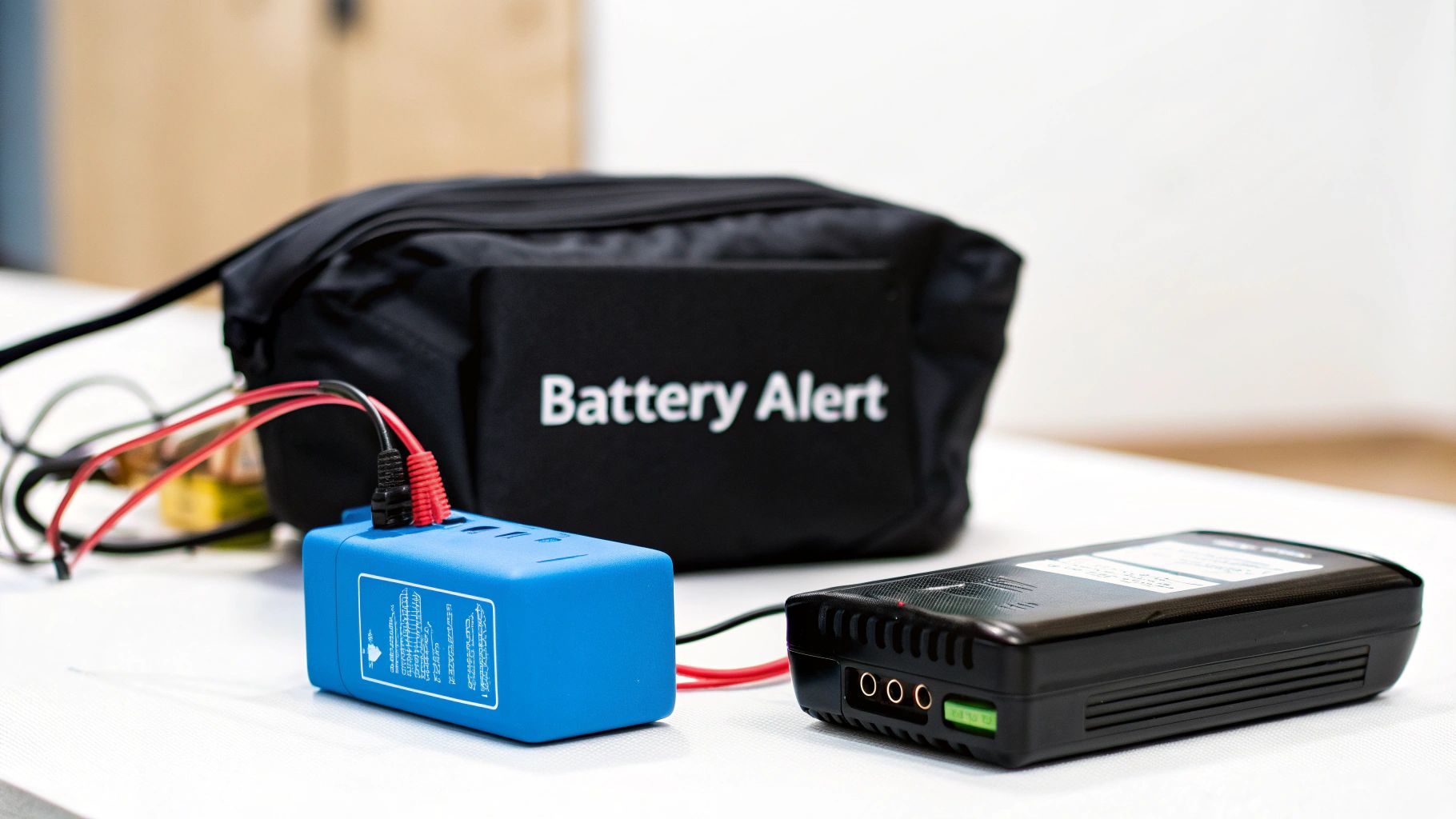 A blue battery device connected by wires to a black monitor, with a 'Battery Alert' bag in the background.