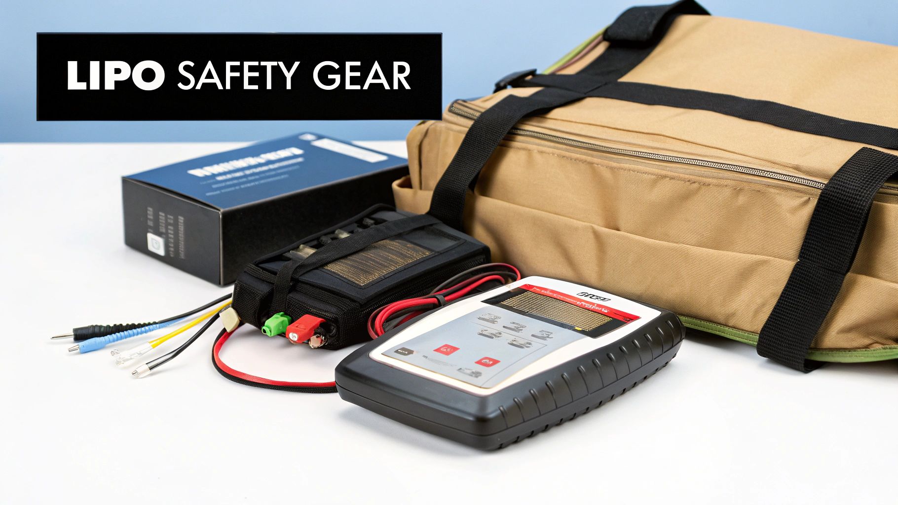 LIPO SAFETY GEAR: A collection of tools including a battery checker, charging bag, and cables.