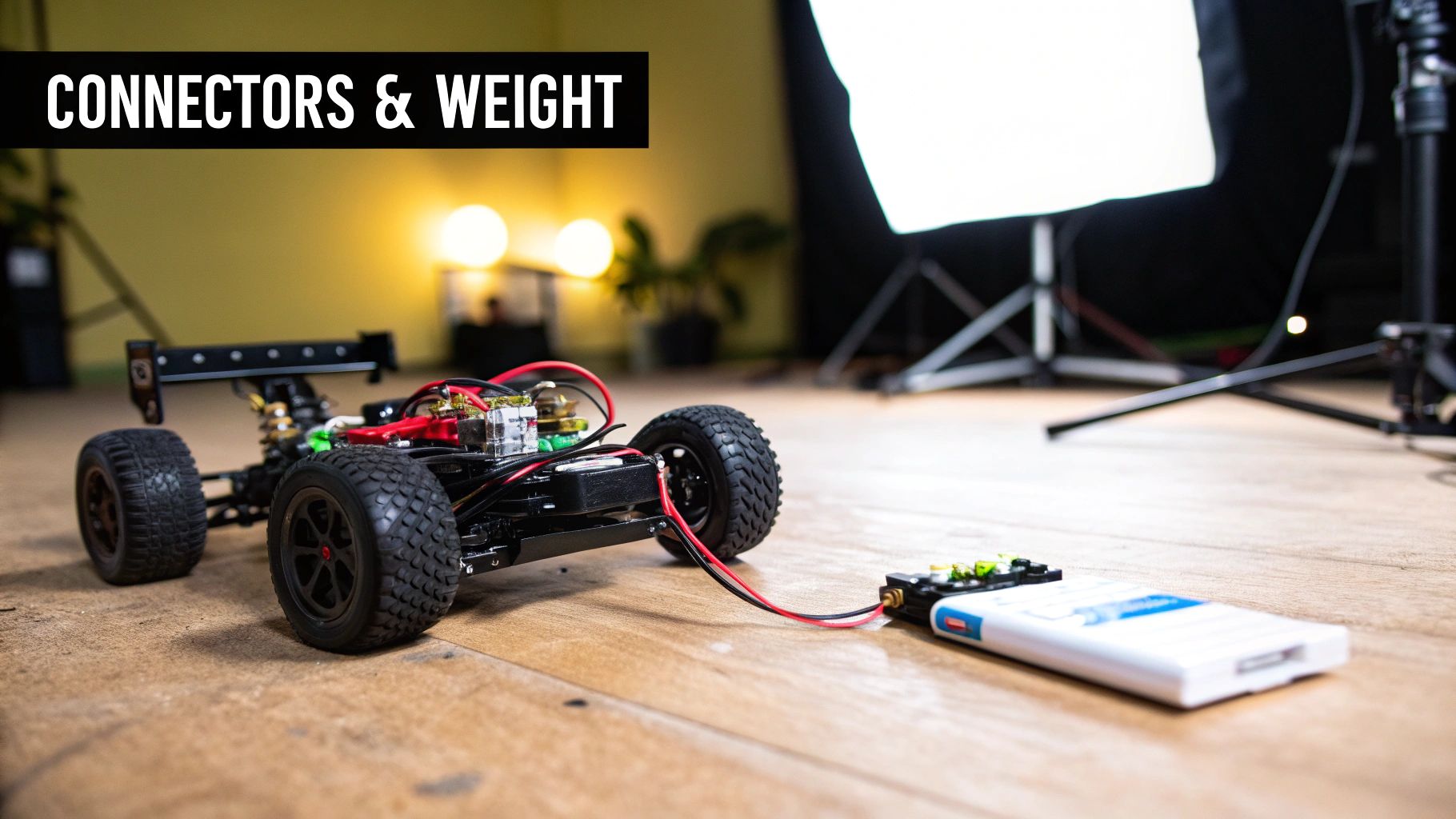 A black RC car with red and black wires connected to a white LiPo battery pack on a wooden floor, highlighting connectors.
