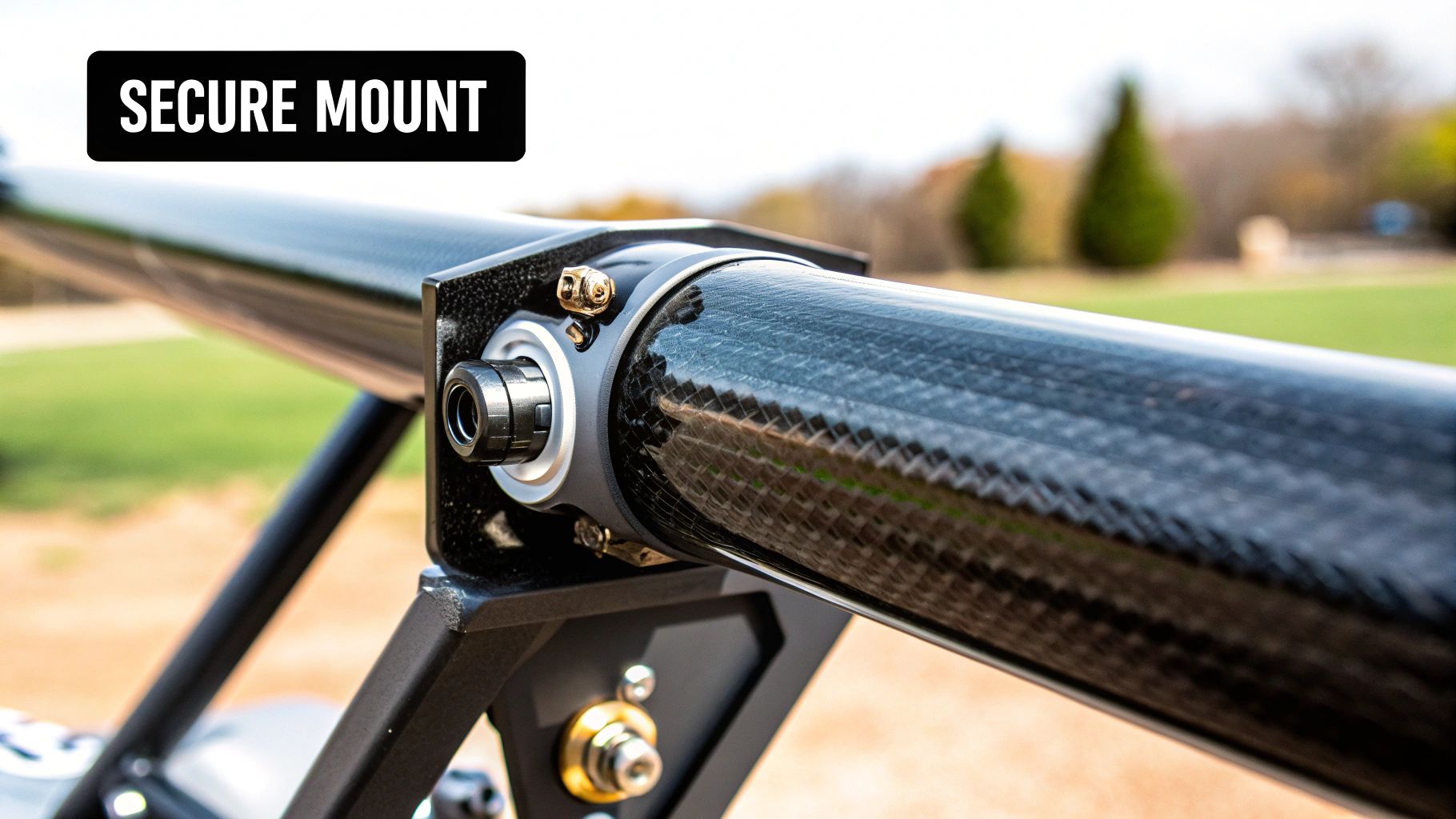 Close-up of a black carbon fiber tube showing a secure mount with fasteners and textured material.