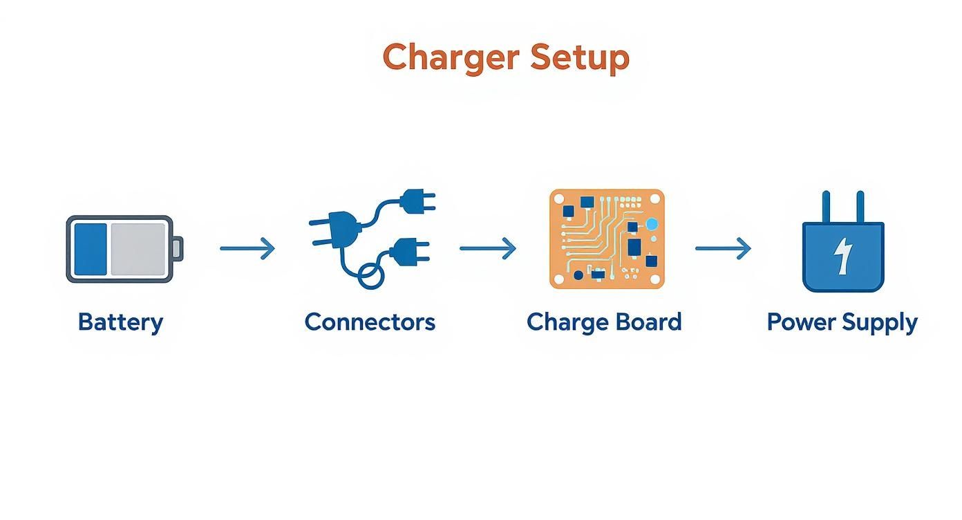 Diagram illustrating a battery charger setup, showing battery, connectors, charge board, and power supply.