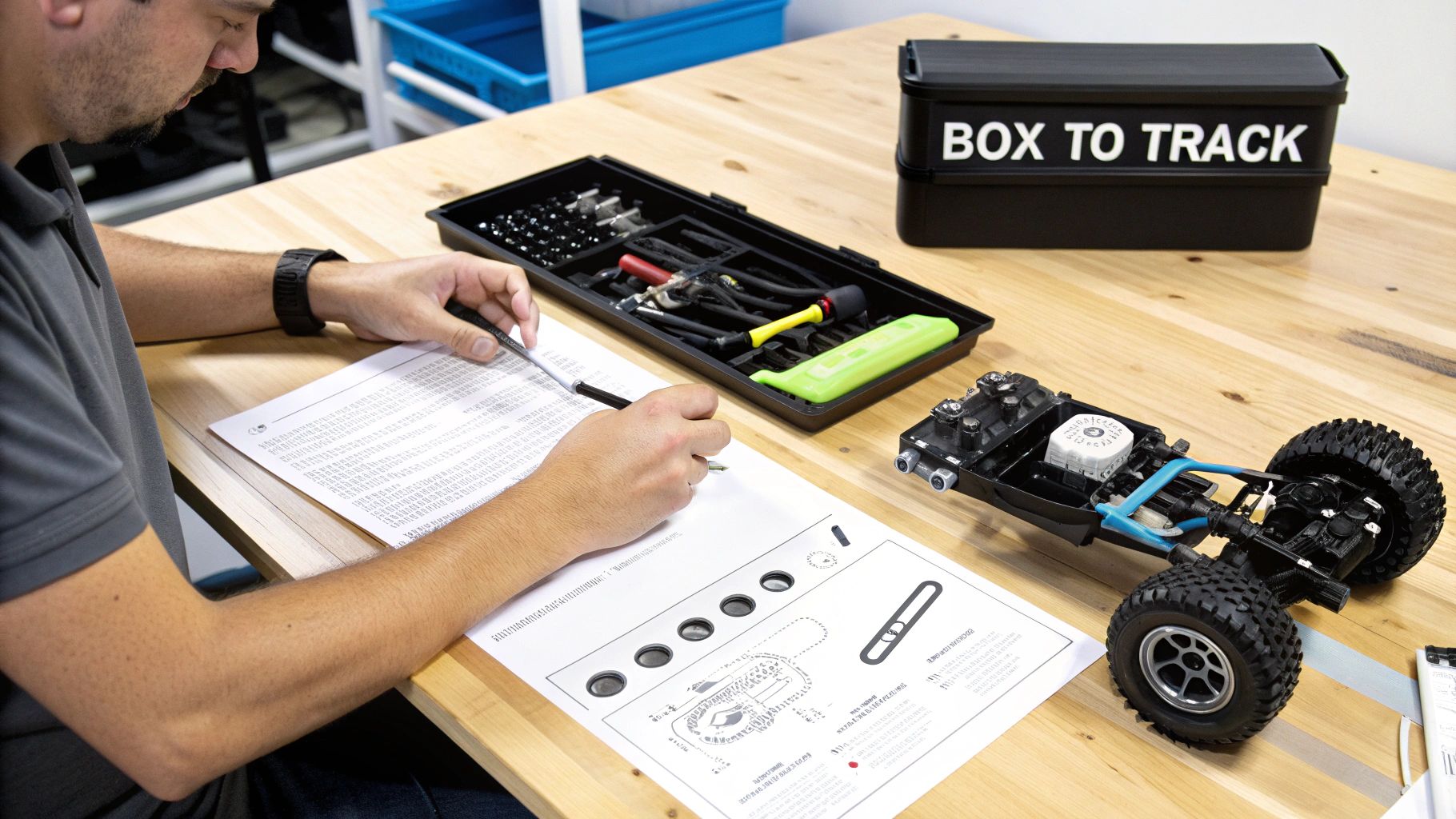 A person reads instructions, assembling a radio control car kit with tools on a wooden table.