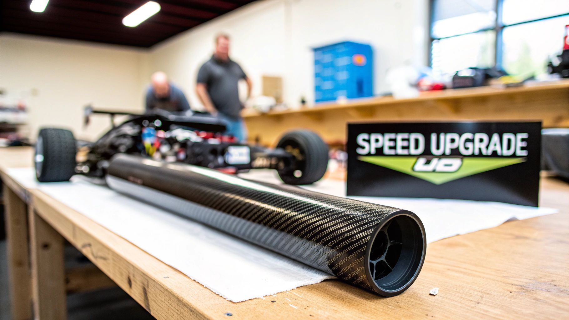 A long carbon fiber tube on a workbench, with a racing car and 'Speed Upgrade' sign in the background.