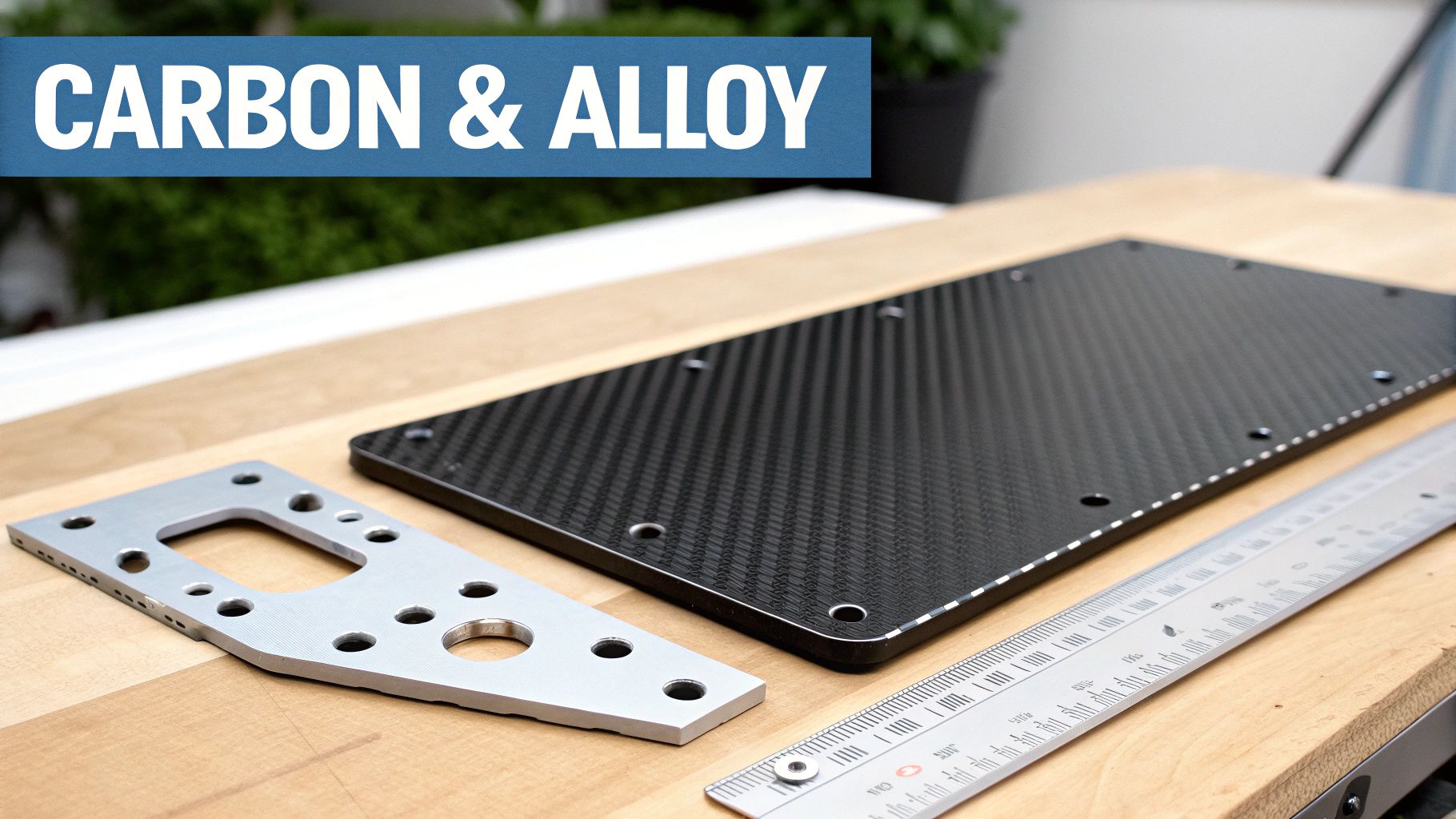 A black carbon fiber plate, a silver alloy metal component, and a ruler on a wooden surface, with a 'CARBON & ALLOY' banner.