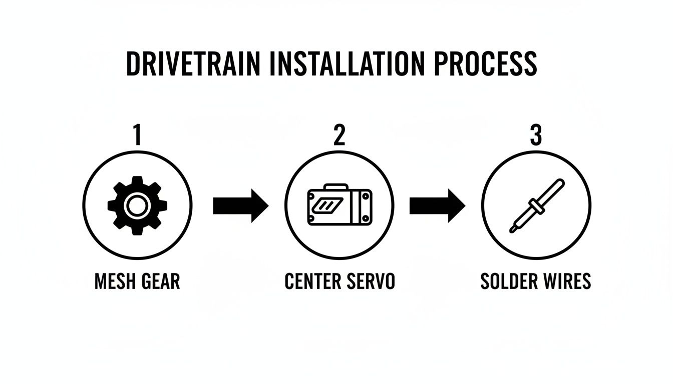 A three-step diagram illustrates the drivetrain installation process: mesh gear, center servo, solder wires.