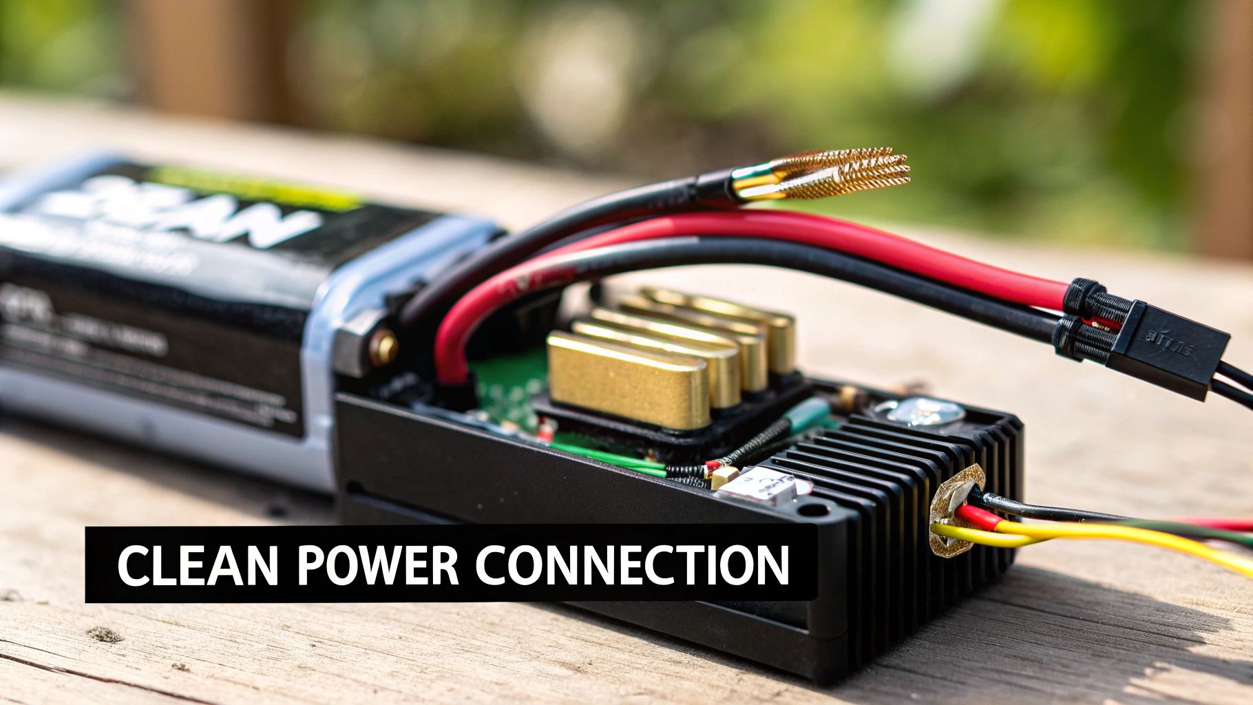 Close-up of an electronic speed controller and LiPo battery with power connection wires.
