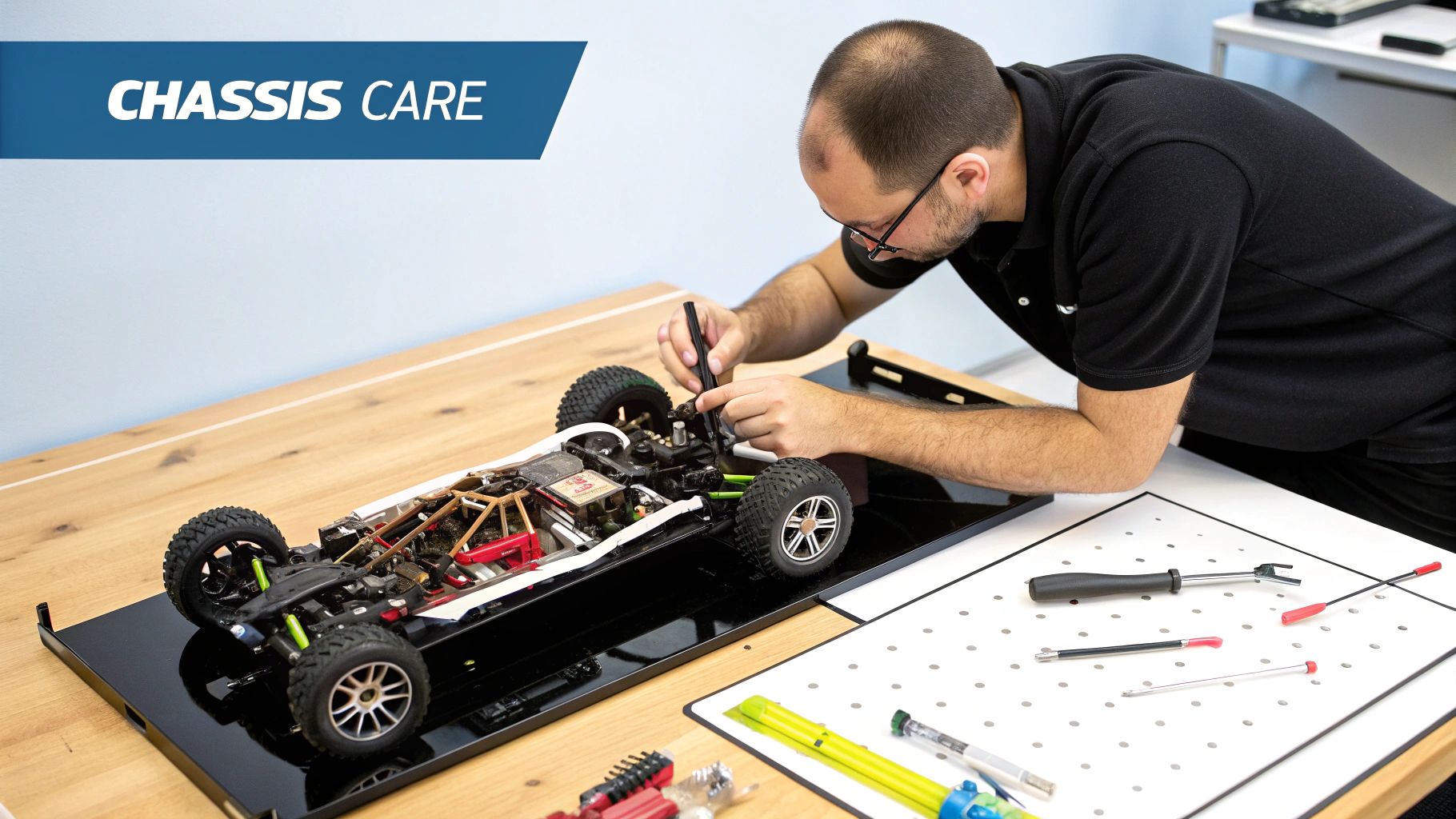 A man meticulously works on an RC car chassis, performing maintenance on a workbench.