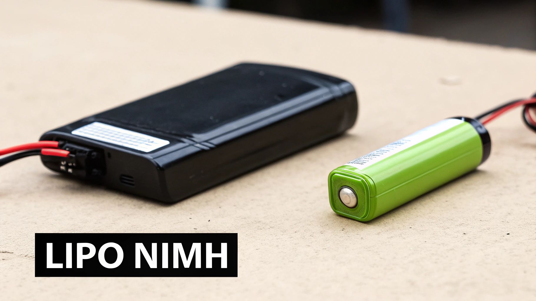 Two types of batteries, a black rectangular battery and a green cylindrical battery, with connection wires on a light surface.