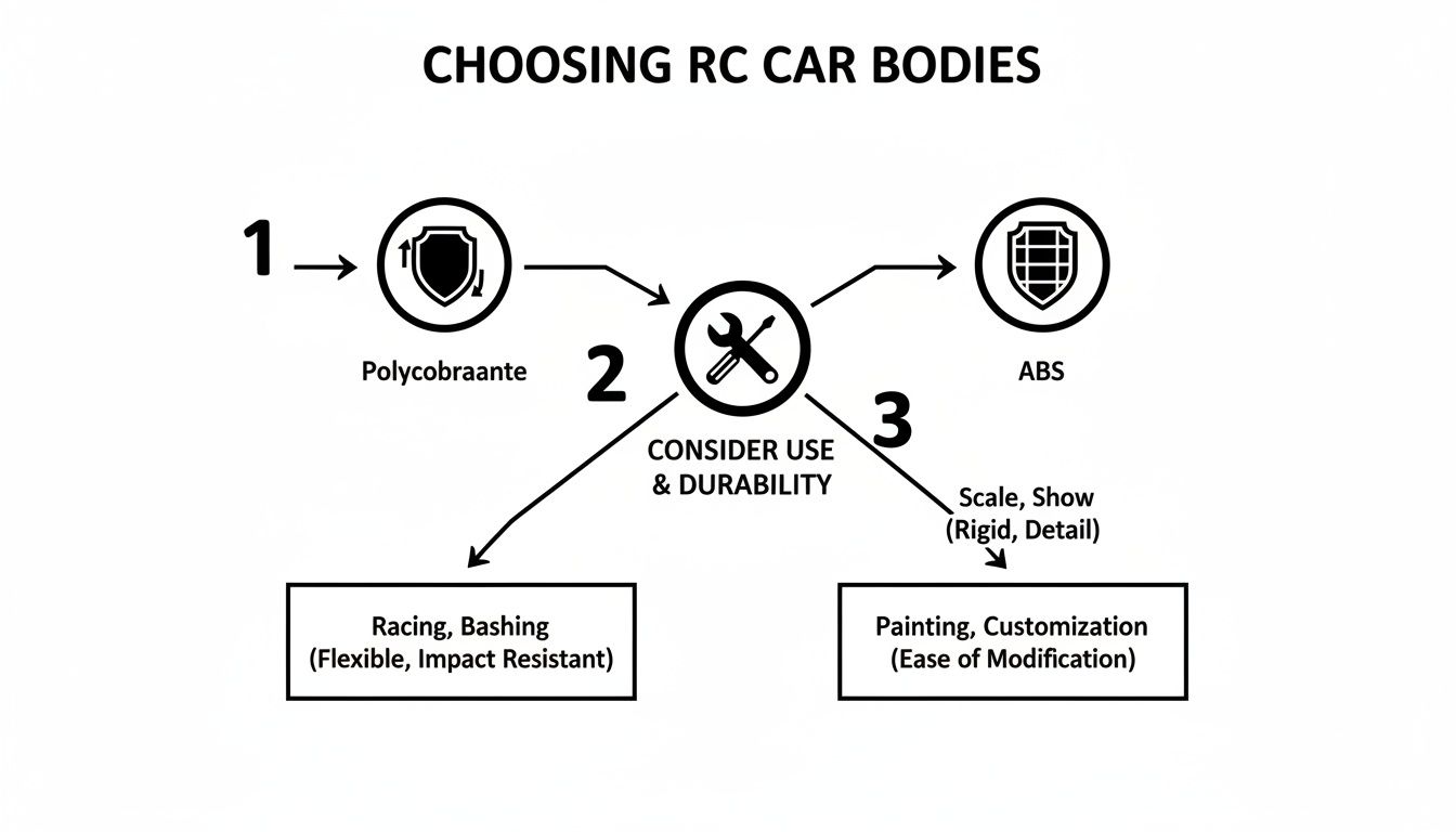 Decision tree for RC car bodies, showing materials, durability, and applications like racing or scale shows.