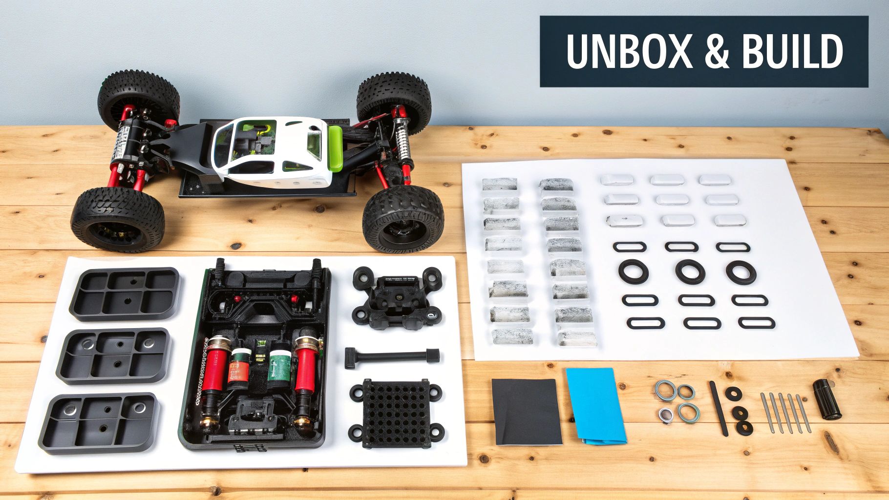 A remote control car kit with an assembled chassis and various components laid out for building.