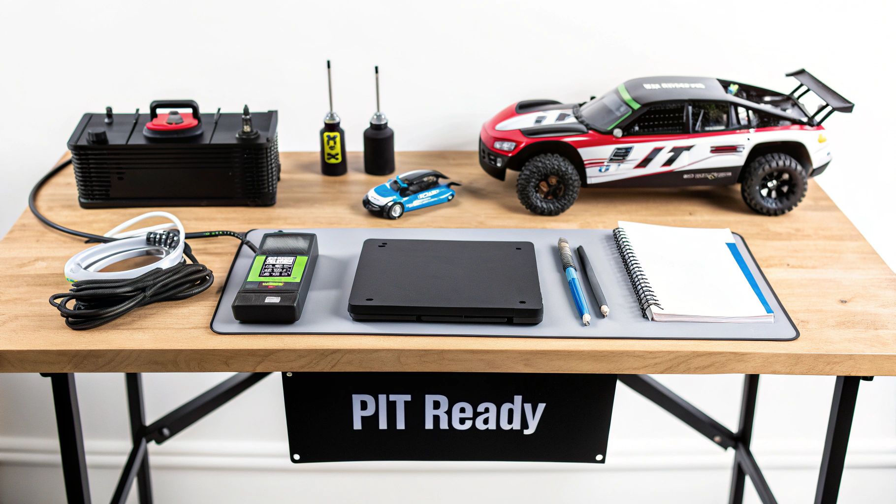 A collection of remote control car racing equipment, including vehicles, battery, and controller, on a wooden desk.