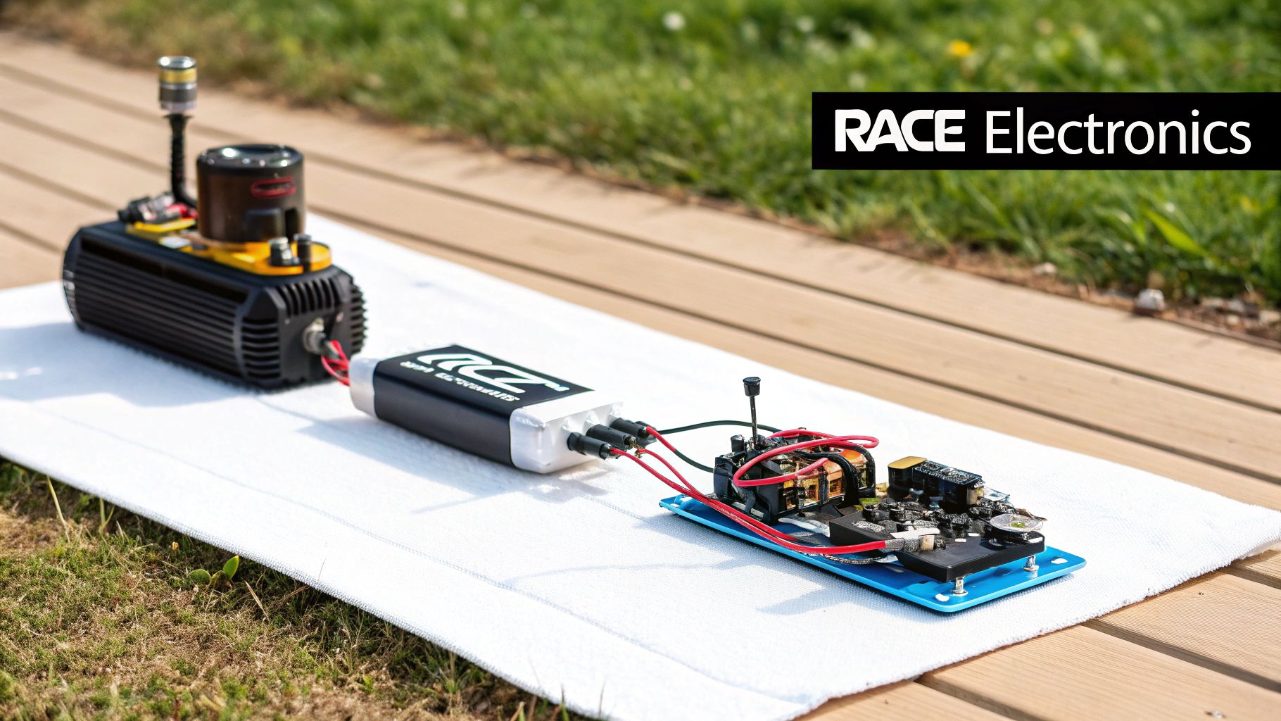 Electronic racing components including a sensor unit, battery, and circuit board laid on a towel outdoors by RACE Electronics.