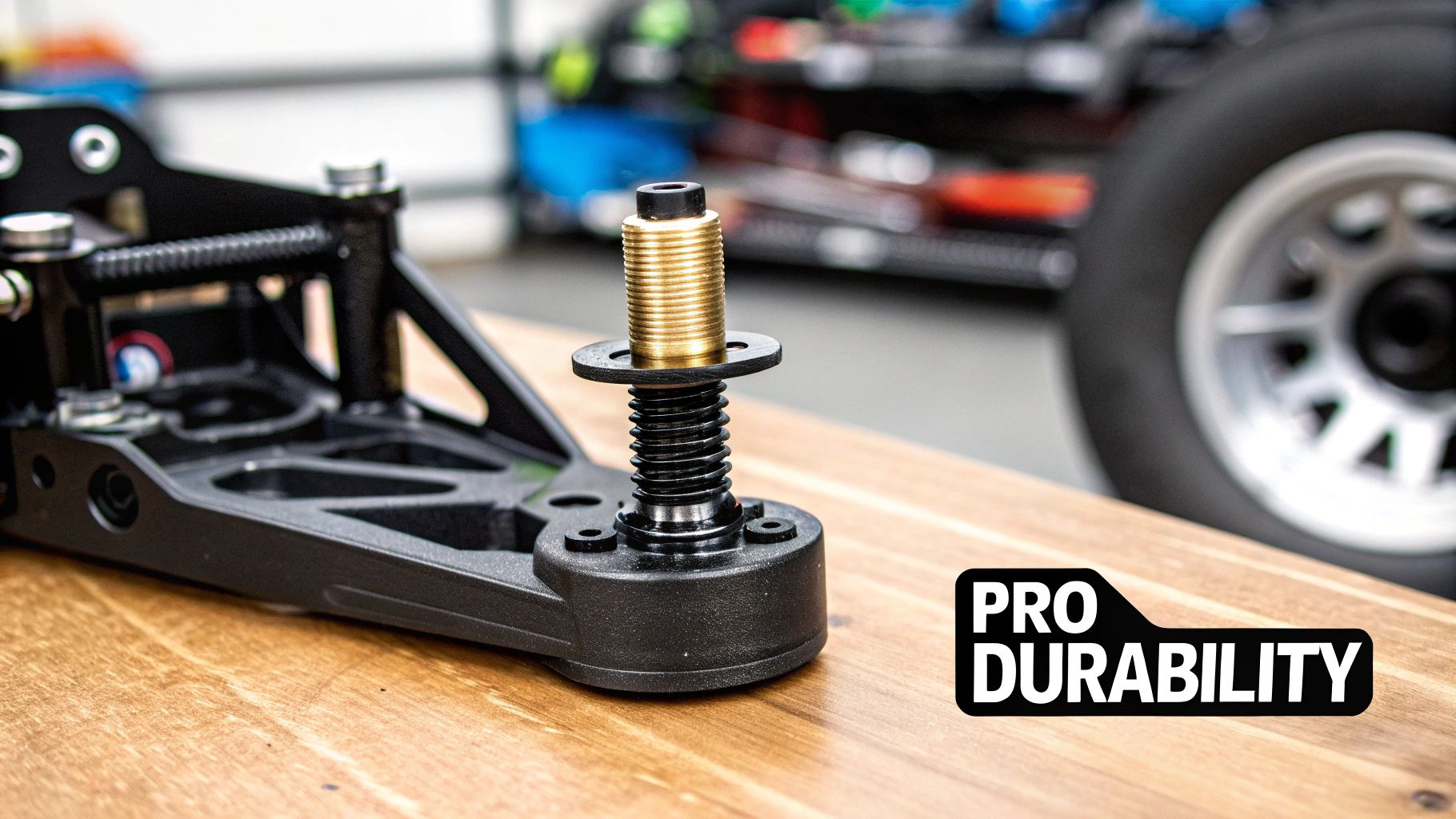 Close-up of a golden threaded suspension component and black spring on a vehicle chassis.