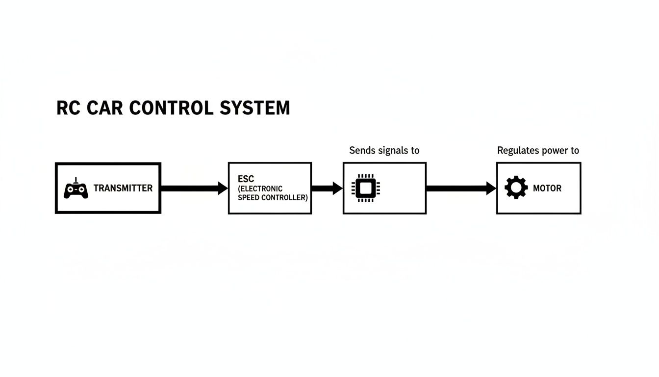 Diagram illustrating an RC car control system, from transmitter to ESC, controller, and motor.